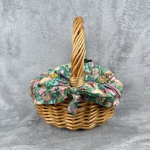 Vintage Easter‎ Basket Wicker Rattan Bunny Fabric Lined with Handle Picnic Fruit